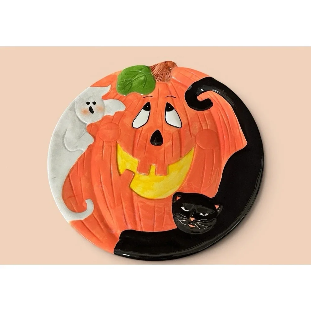 Halloween Jack-O-Lantern Ghost Black Cat Multicolor Dinner Snack Canape Plates 2